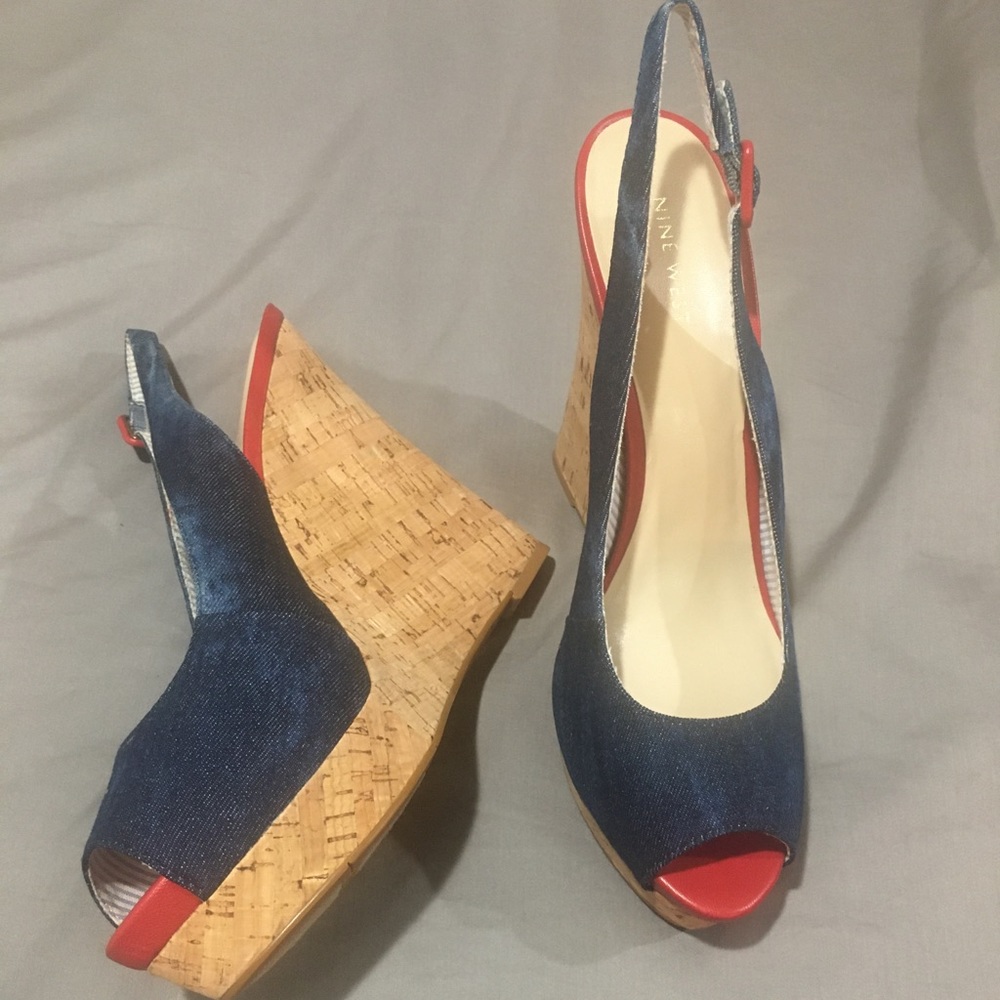 Nine West Denim Cork Wedge Heel with Red Trimming